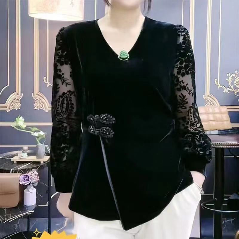 Mother's Spring and Autumn Long-Sleeved Base Shirt, Lace Button-Up, New Chinese Style Blouse, Stylish and Slimming, Plus-Size Velvet Top