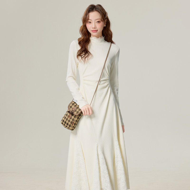 3inch Lotus [Jasmine Morning] Elegant and Ethereal White Knit Dress, Perfect for Pairing with a Coat in Winter, Versatile Long Dress