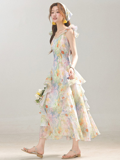 3inch Lotus [Blooming Sea of Flowers] French-Style Stunning Oil Painting Floral Dress, New Summer Vacation Style Long Dress