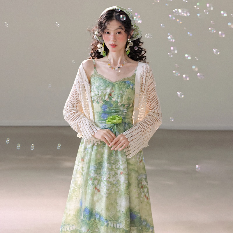 3inch Lotus【Summer Ranch】2026 Stunning Floral Green Spaghetti Strap Dress with Irregular Waistline