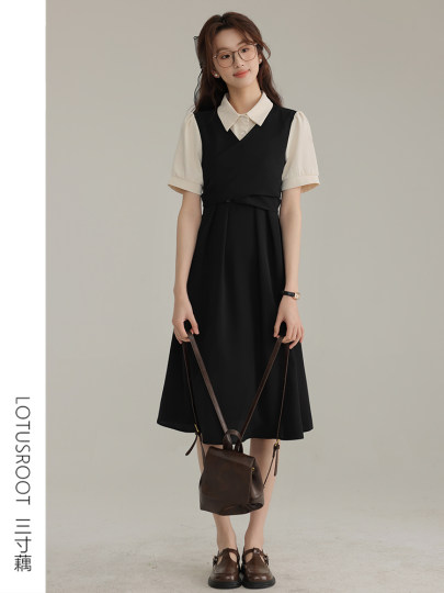 [3inch Lotus Root] Summer Postgraduate Entrance Examination Re-Examination Short-Sleeved Dress Female Preppy Style Black Teaching Shirt Skirt Waist