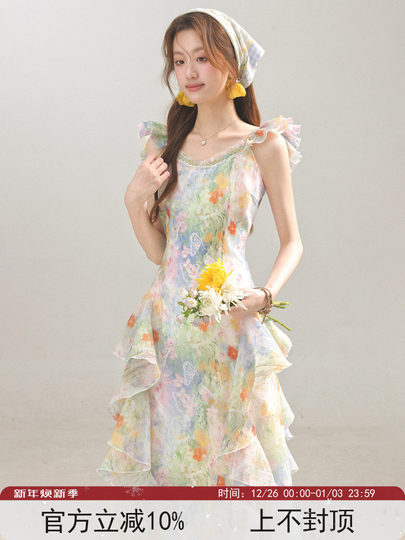 3inch Lotus [Blooming Sea of Flowers] French-Style Stunning Oil Painting Floral Dress, New Summer Vacation Style Long Dress