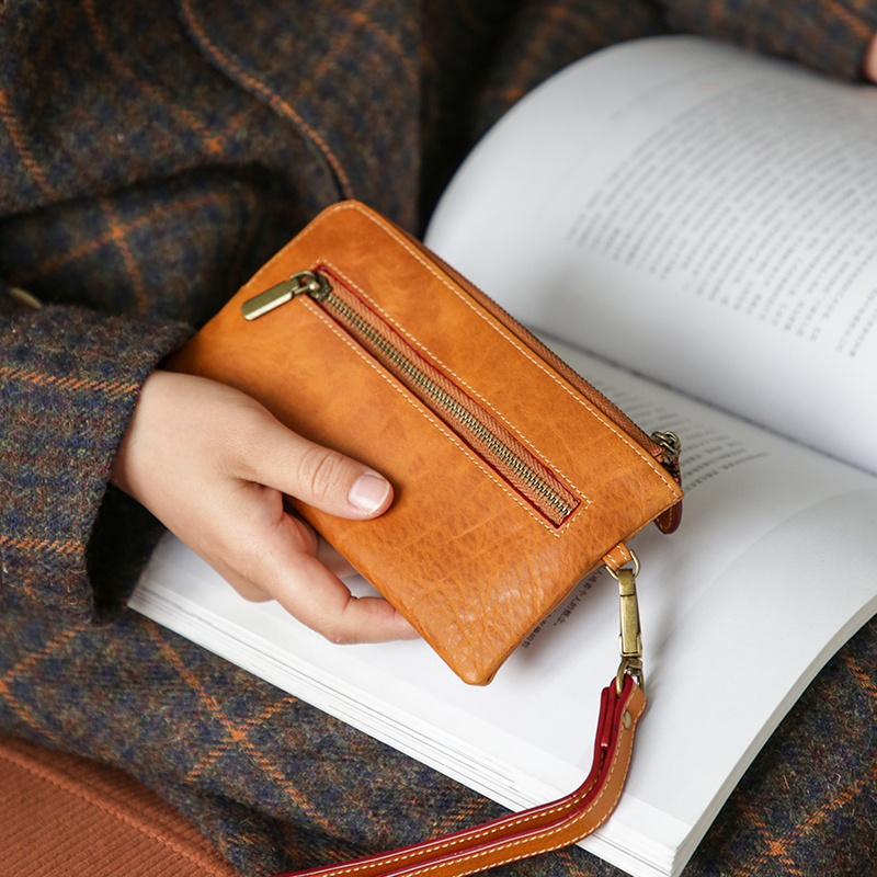 New First-Layer Cowhide Clutch Bag for Women, Genuine Leather Long Zipper Wallet, Retro Large-Capacity Mobile Phone Coin Bag, Card Holder