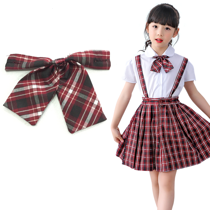 Shenzhen Uniform Primary School Uniforms Women's Summer Dresses Matching Plaid Bow Ties and Collars