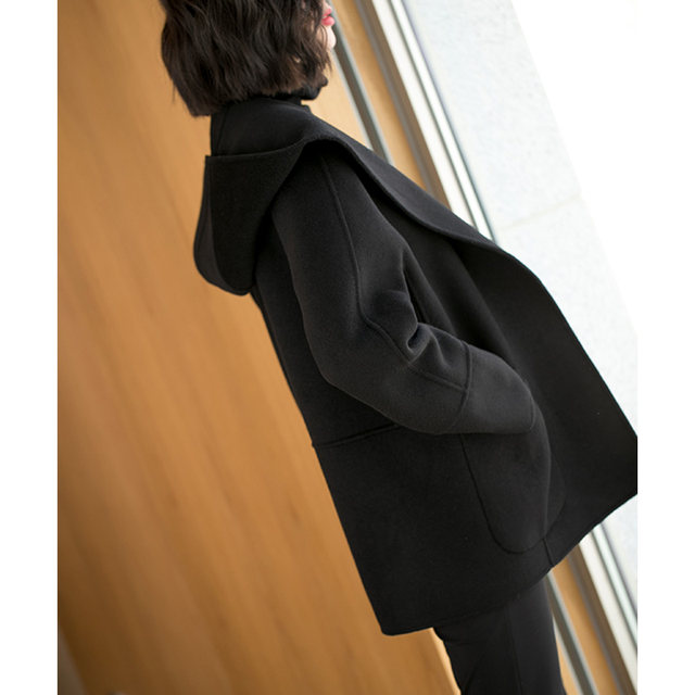 ອັບເກຣດ Australian worsted wool black woolen coat woolen coat women's short 2022 new style popular for small people