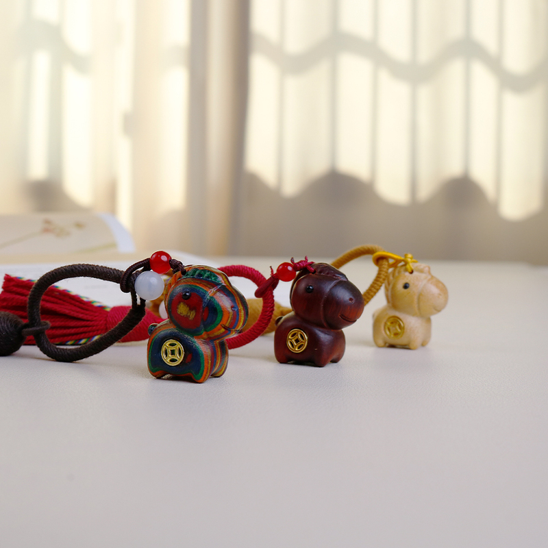Year of the Horse [Get Rich Soon] Copper Coin Horse Keychain Rainbow Wood Phone Lanyard Bring in Wealth and Treasure Zodiac Horse Bag Pendant