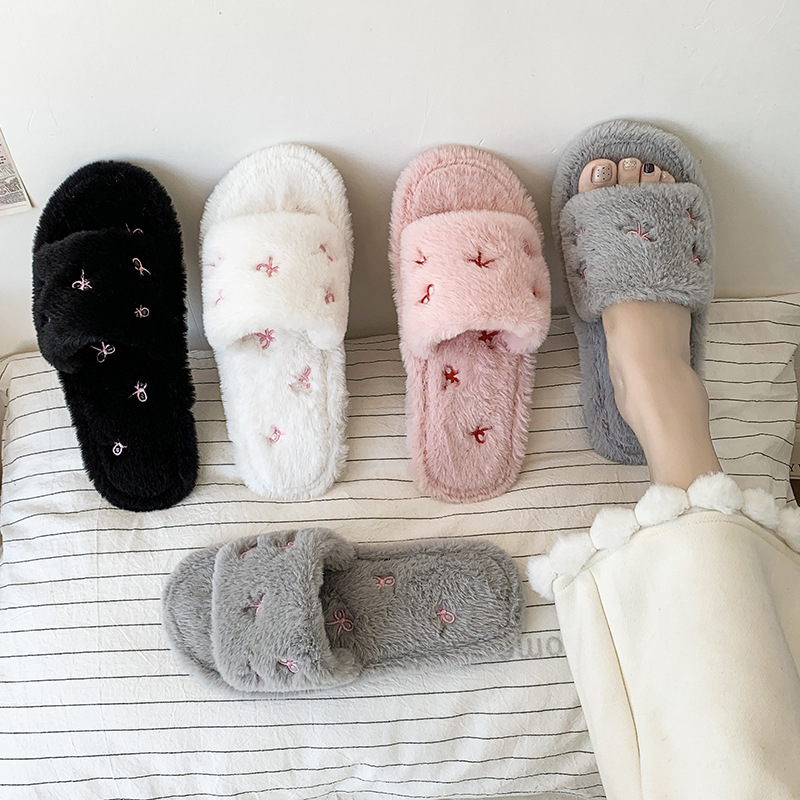 Cross-Border Amazon Autumn and Winter New Style Home Indoor Soft-Soled Furry Slippers for Women, Fashionable Bow-Knot Embroidered Cotton Slippers