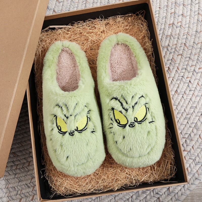 New Cross-Border Christmas Cotton Slippers for Men and Women, Home Green Furry Monster Grinch Winter Warm Indoor Slippers