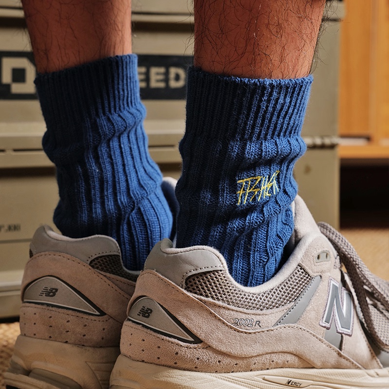 Blue Embroidered Letter Men's Mid-Calf Sports Socks, Japanese-Style Knitted Slouch Socks, Hong Kong Style Trendy Brand Thick-Thread Pure Cotton Socks