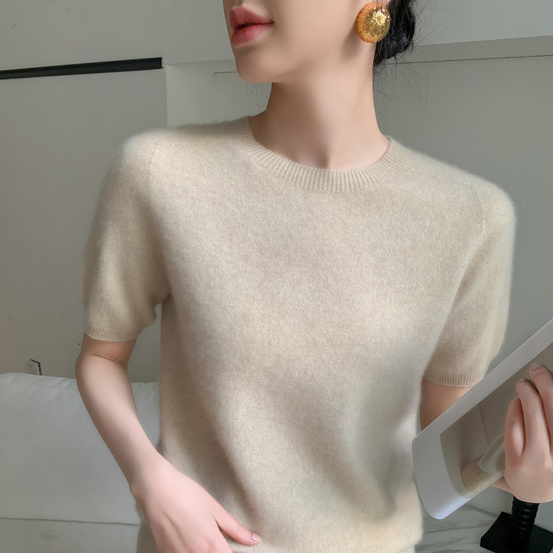 Seamless Short-Sleeved Autumn and Winter New Style Cashmere Short-Sleeved Women's Loose and Versatile Knitted Pullover T-Shirt Casual Half-Sleeve