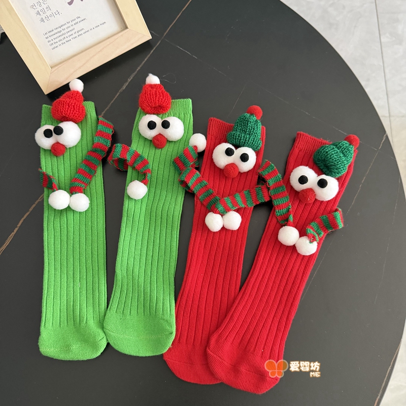 Baby Christmas Stockings, Christmas Cartoon Mid-Calf Socks, Cute Three-Dimensional Design for Children, Parent-Child Socks, Red and Green Color Contrast