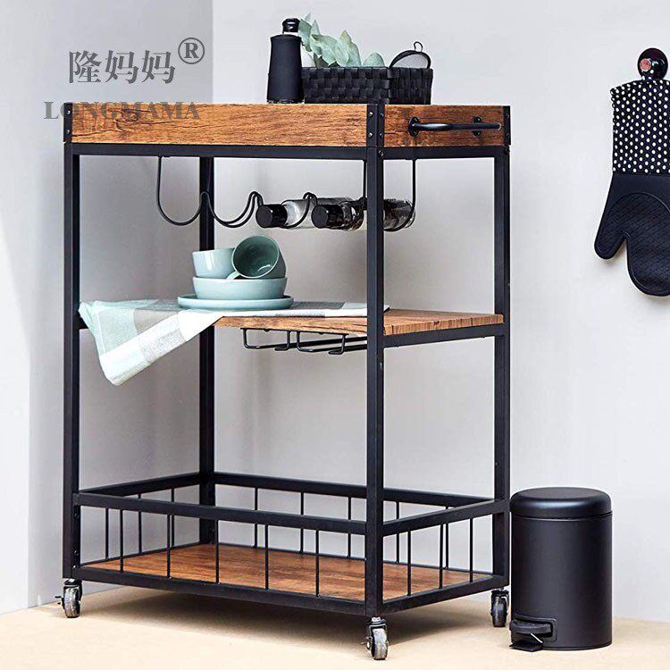 American wrought iron dining car solid wood 2-story cart collection dining car delivery car hotel dining room wine truck mobile cart