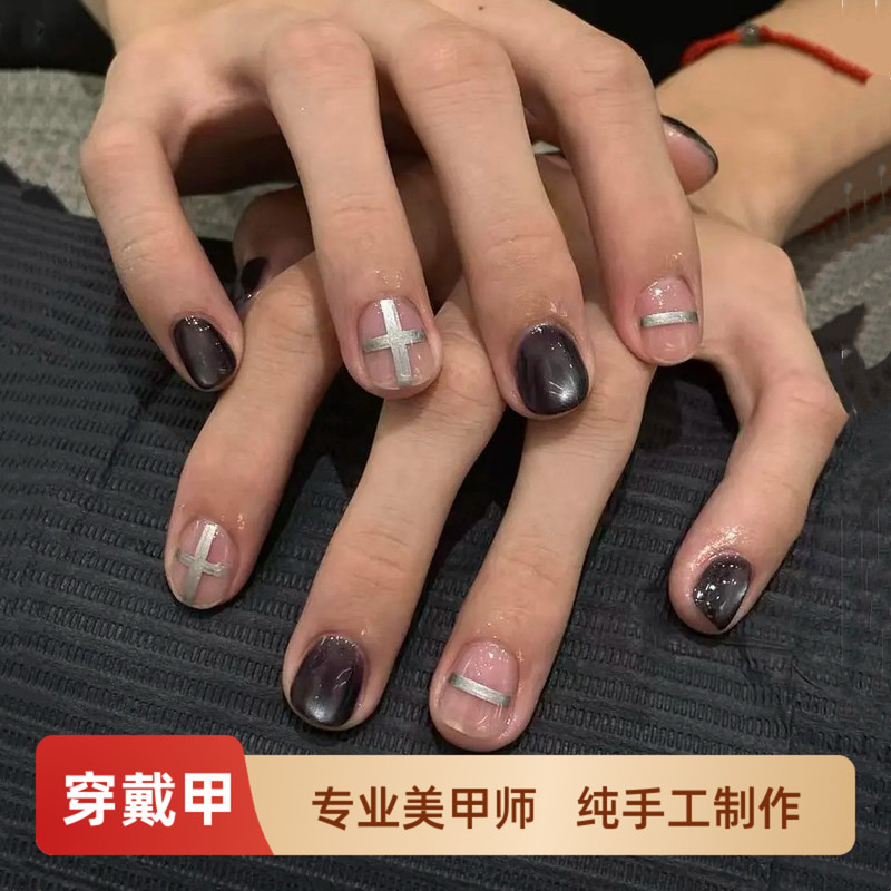 [Unisex] Glass Bead Cat Eye Short Press-On Nails, Men's Niche Nail Salon Style, High-Quality Nails