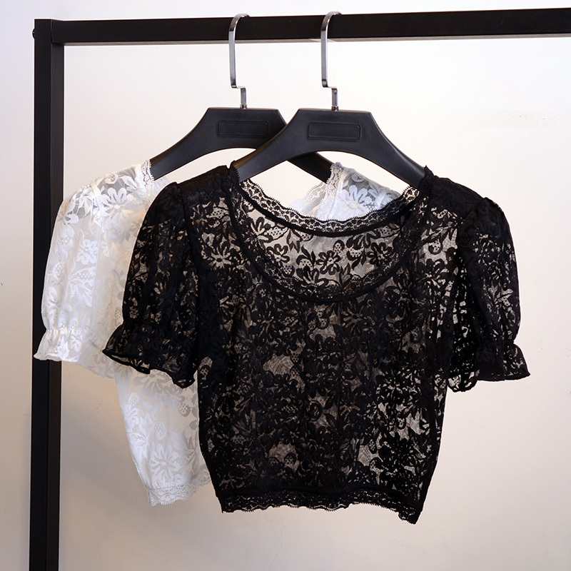 Summer New Lace Half-Length Undershirt for Women, Short Mesh Inner Layer, Half-Sleeve T-Shirt, Crop Top, Sexy Trendy Top