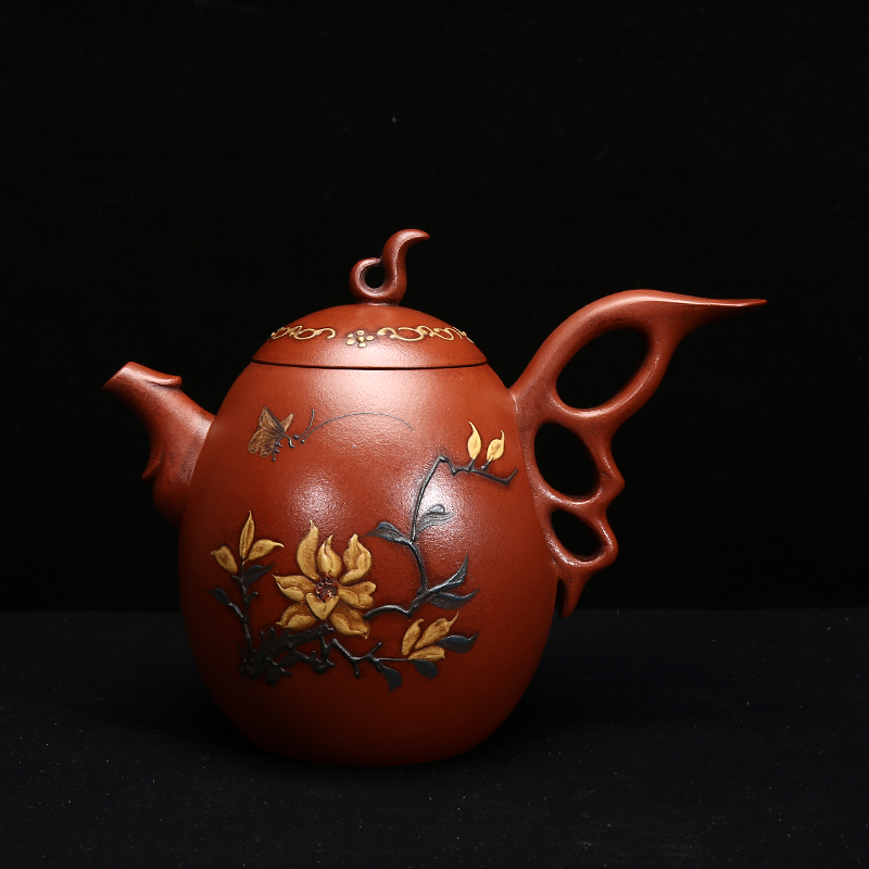 Early one factory, Taiwan returning purple sand old pot famous Jiang Rong whole handmade original mine old red mud color butterfly pot