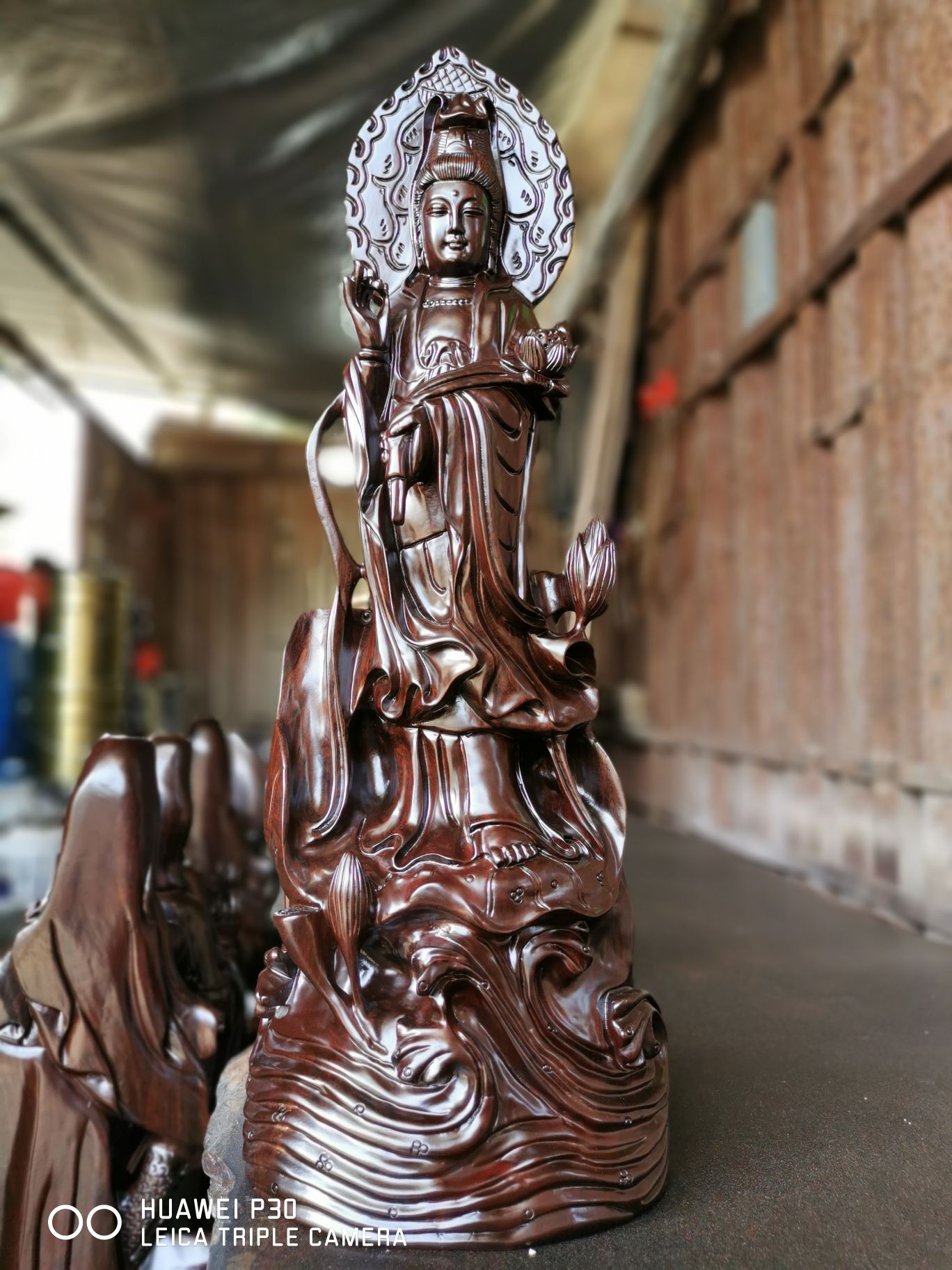 Ebony wood carving Guanyin Buddha statue ornaments solid wood flower fairy aunt Bodhisattva lotus for Buddha home town house to keep safe