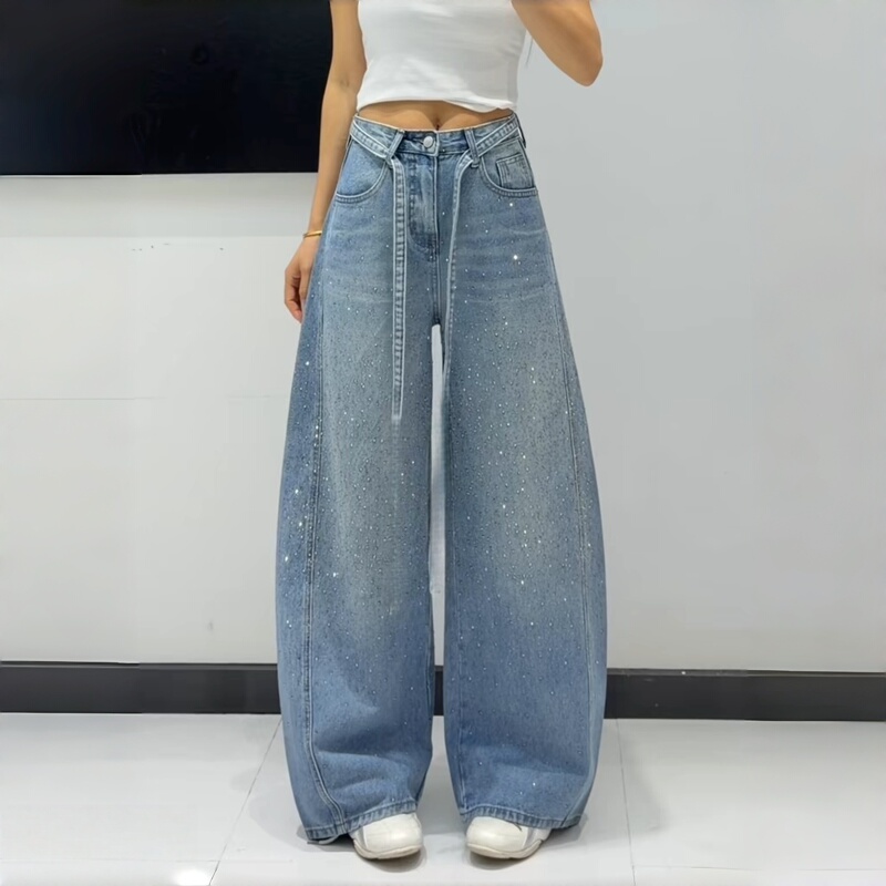 Rhinestone High-Waisted Wide-Leg Jeans for Women, 2026 Spring New Style, Petite Slimming Hip-Covering Scimitar Jeans for Women