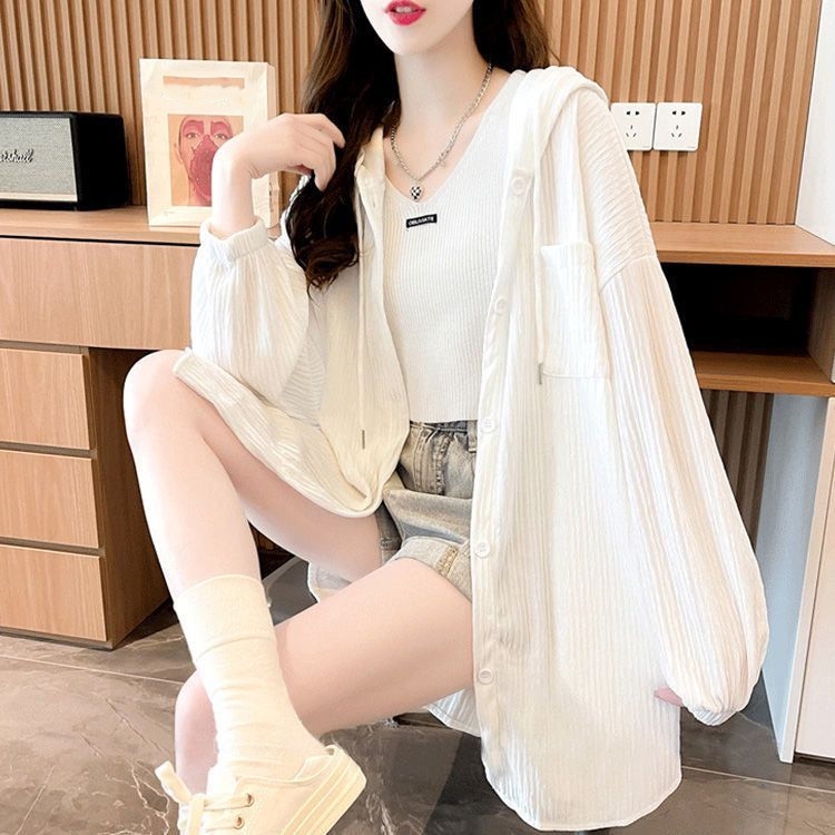 Thin Coat, Hooded Sun Protection Clothing for Women, New Summer Style, Loose, Slim, Fashionable, Casual, Mid-Length Shirt Top