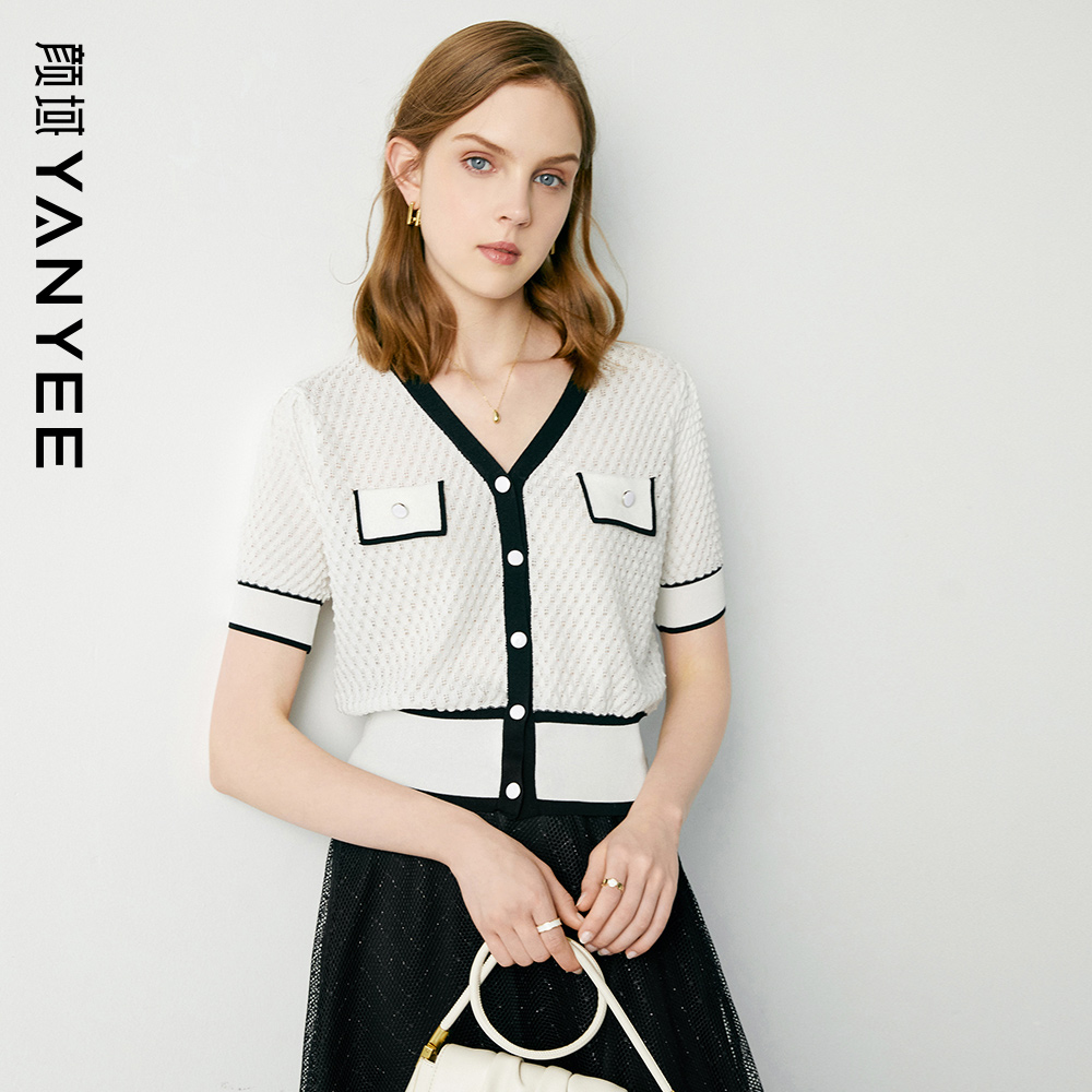 Yan Domain Temperament Short Sleeves V Collar Needlewear Women's Summer Clothing 2022 New name Yuanyan Style Thin Foreign Pie blouses