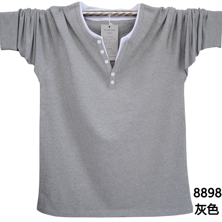 Mùa xuân và mùa thu cộng với phân bón XL cotton nam chất béo lỏng lẻo thêm dài tay áo thun cổ chữ V đồ nam lịch lãm	
