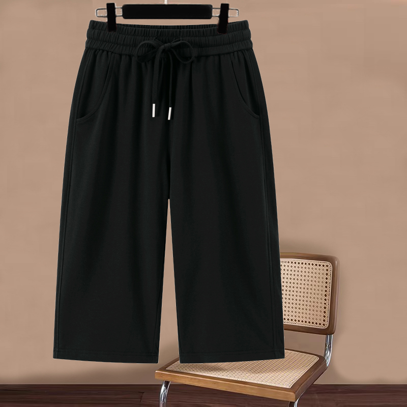 Black Summer Thin Cropped Pants for Petite Women, Plus Size Loose Casual Mid-Length Pants, Slimming Breeches