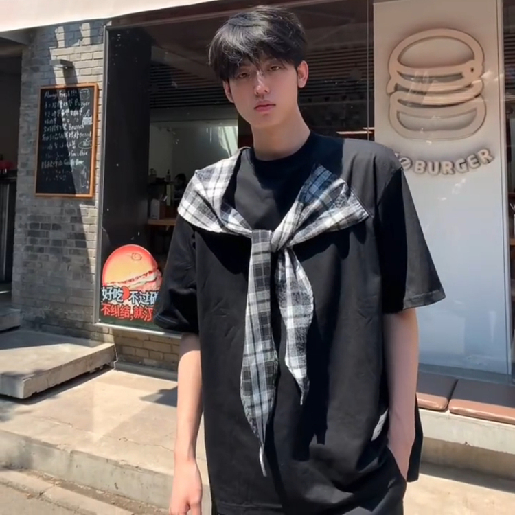 Summer New Pure Cotton Popular Short-Sleeved T-Shirt Men's American Heavy Wear Shawl with Bow Plaid Top