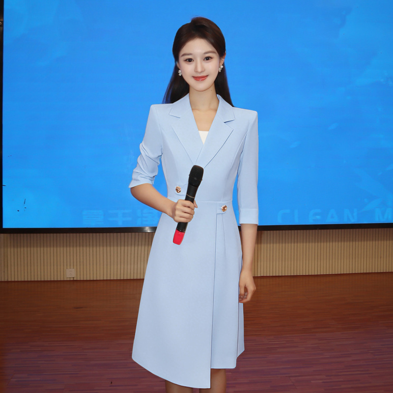 Faxiaoman Blue Broadcasting Business Suit Dress for Women with Three-Quarter Sleeves, Suitable for Events, Speeches, Hostess Formal Wear, and Professional Attire