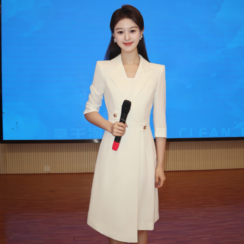 Faxiaoman White Broadcasting Interview Suit Dress for Women with Three-Quarter Sleeves, Business Attire for Recording, Hosting, Speech Competition, Formal Wear