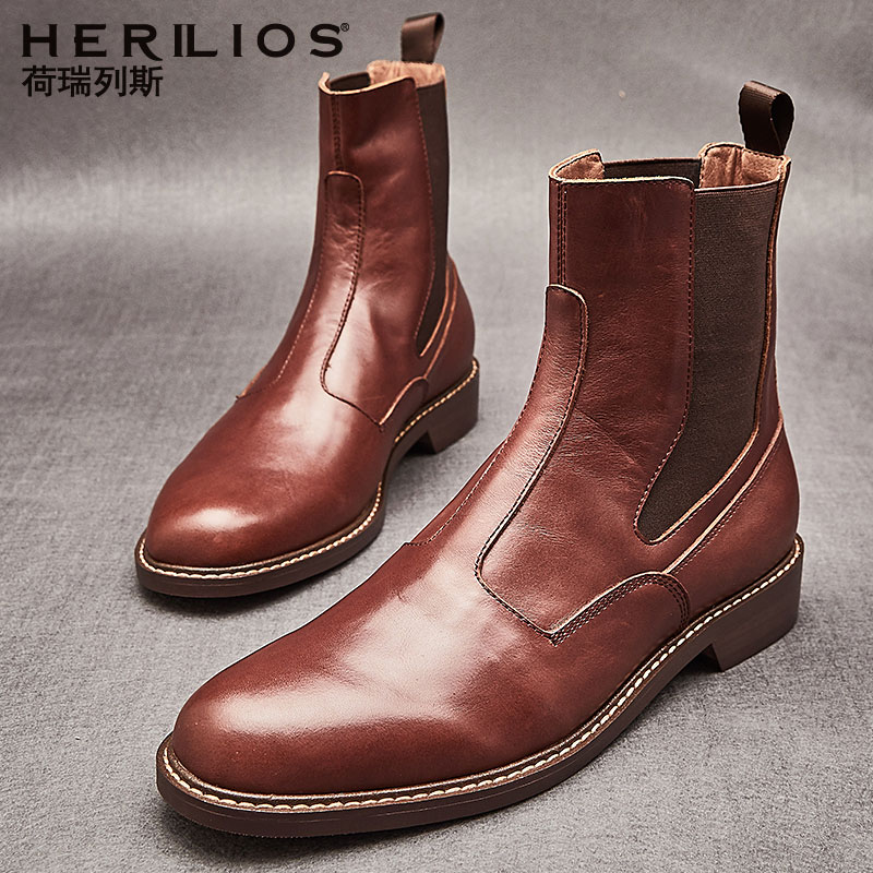 Horeles Chelsea boots Men's high-barrel leather shoes Motorcycle boots Men's boots Summer leather boots Medium-barrel Martin boots men