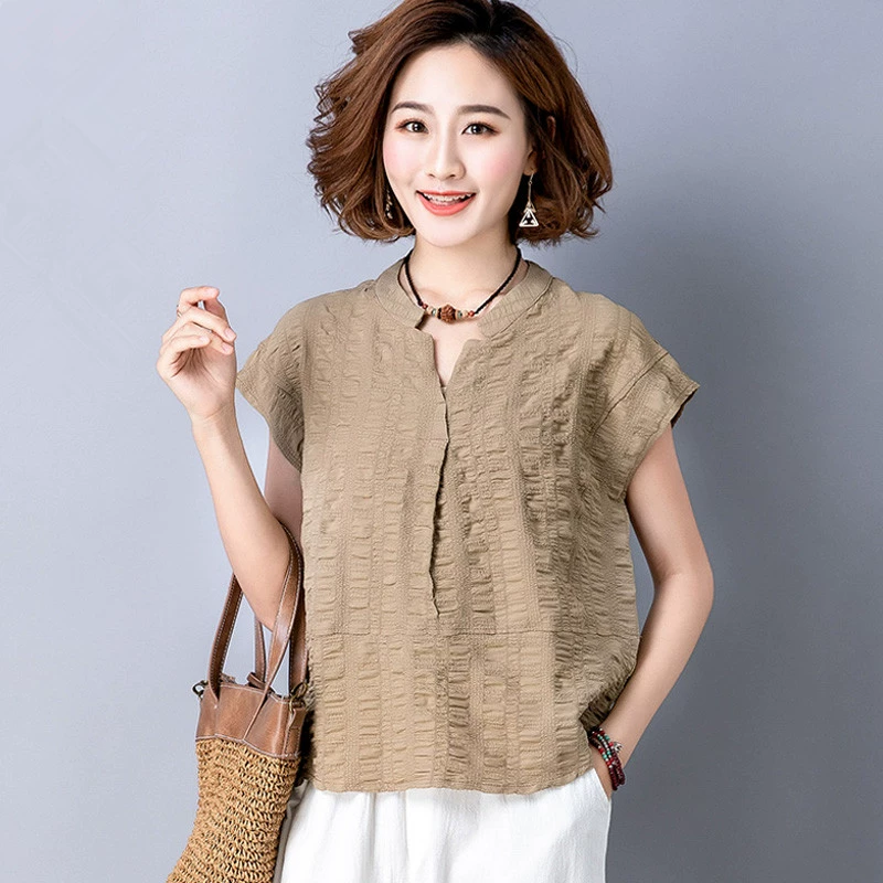 Áo thun cotton nữ bằng vải lanh cotton ngắn tay mùa hè 2020 mới rộng size rộng che bụng áo sơ mi nhỏ thủy triều - Áo sơ mi dài tay