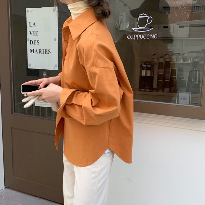 Bright Orange Shirt for Women 2024 Spring and Autumn New Style Simple Versatile Loose Casual Turn-Down Collar Long-Sleeve Shirt Top Bright Orange Shirt for Women 2024 Spring and Autumn New Style Simple Versatile Loose Casual Turn-Down Collar Long-Sleeve Shirt Top