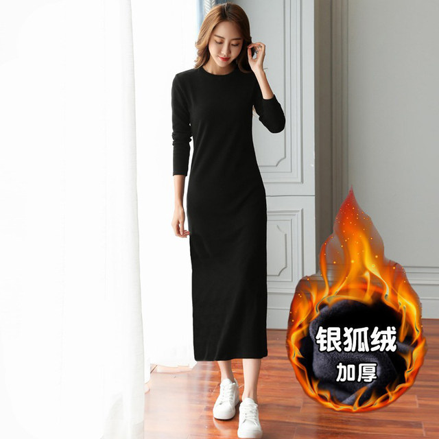 Spring and autumn new super long bottoming skirt women's long-sleeved knee-length T-shirt skirt long skirt pure cotton slimming plus velvet dress