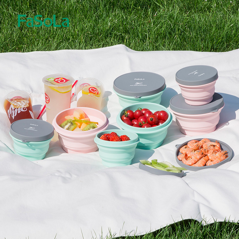 FaSoLa Travel Folding Bowl with Lid Outdoor Silicone Retractable Bowl Lunch Box Adult Anti-Fall and Portable Bowl