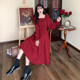 Plus-Size Retro Square-Neck Red Long Dress, New Autumn Style, Elegant Waist-Cinching Engagement Toast Dress