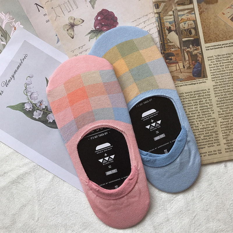 Korean ins style simple and comfortable British retro plaid invisible socks cotton low-top sweat-absorbing socks to prevent heel socks