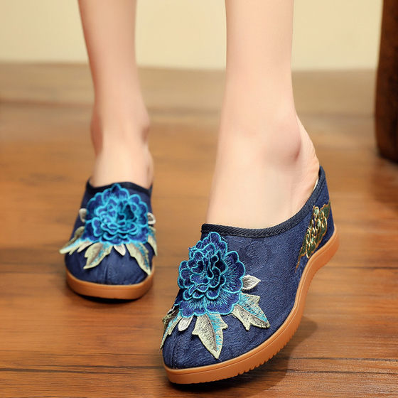 Summer old Beijing cloth shoes for outer wear Baotou high-heeled embroidered slippers for heightening fashion Chinese style Chinese style women's sandals