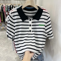 polo collar bump color short sleeve shirt striped ice silk T-shirt knit cardiovert 2022 summer new foreign air 100 lap blouse
