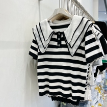 Ice Silk Blouses Doll Collar Splicing Mesh Yarn Foreign Air T-shirt Summer 2022 New Design Sense Reduced-Age Short Sleeve Knitwear