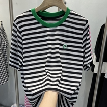 Collision Color Striped Short Sleeve Linen Textured Jersey T-shirt Woman Summer New Loose thin and thin Ice Silk Casual Blouse