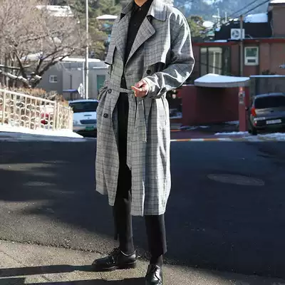 Men's English style is very fairy windbreaker in the long version of Korean students slim handsome over the knee trend thin plaid jacket