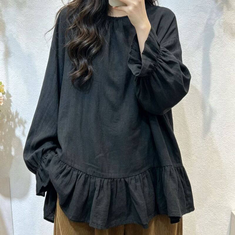 2026 Autumn New Round Neck Versatile Ruffle Trim Cuffs and Hem Sweet Double Yarn Doll Shirt Pullover Top for Women