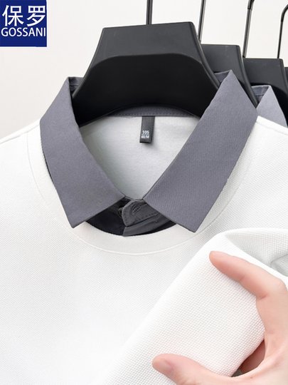 Paul Spring Men's Fake Two-Piece Long Sleeve T-Shirt, Spring and Autumn Loose Top, Shirt Collar Base Shirt, Men's Polo Shirt