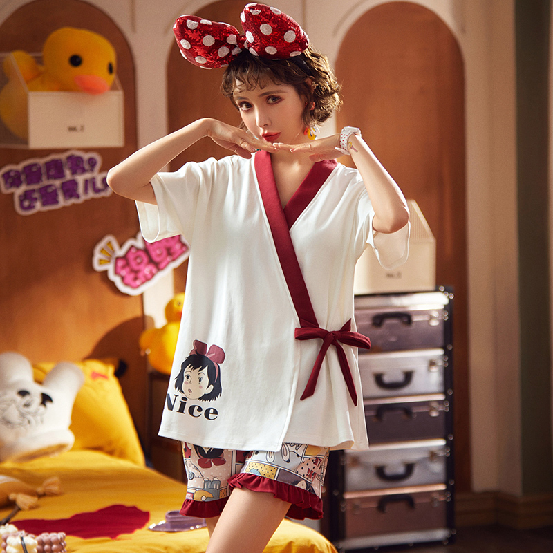 Bộ đồ ngủ ins cô gái mùa hè gió junior sinh viên cơ sở cotton mỏng dễ thương của Nhật Bản kimono mùa hè ngọt ngào quần short ngắn tay.