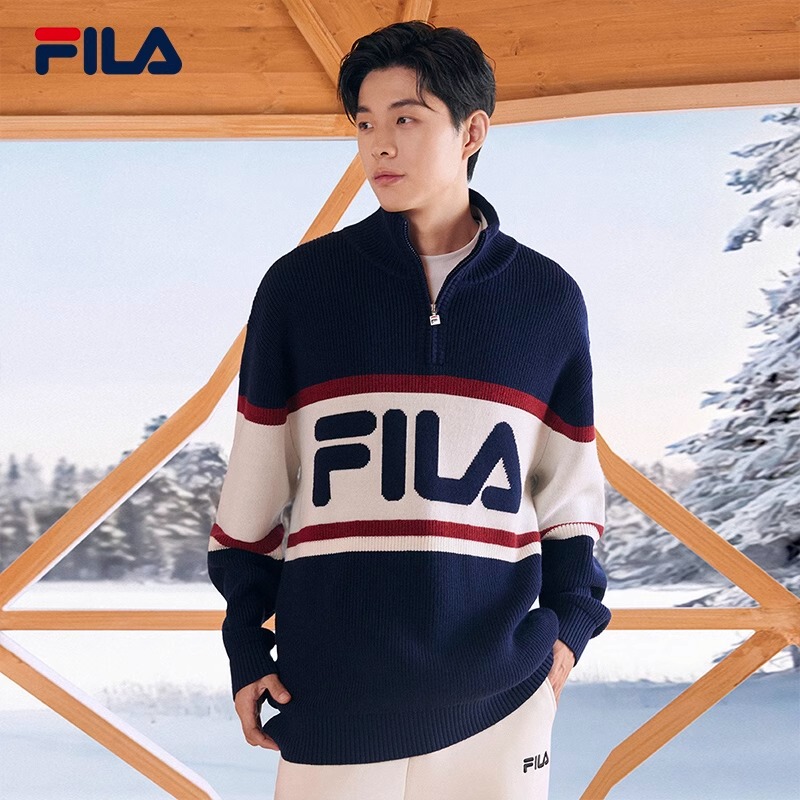 Fila Official Couple's Knitted Sweater 2023 Winter New Style Comfortable Casual Color-Blocking Stand-Up Collar Sweater