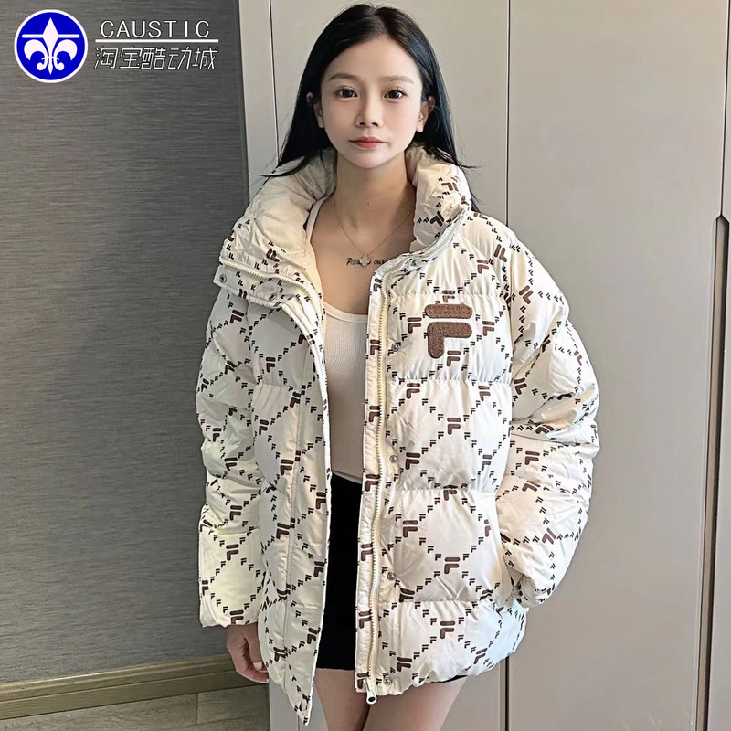 Fila Trendy Brand down Jacket with Monogram Pattern, New Winter Thickened Warm Puffer Jacket for Women