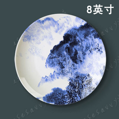 New Chinese ink and ink landscape green flower porcelain disc decoration hanging disc Living room Background wall Home Residence Ornament Swing 8 inches
