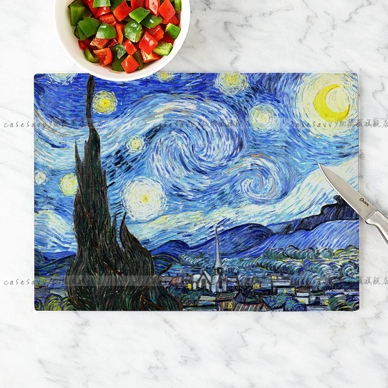 Van Gogh oil painting Glass cutting board Kitchen glass cutting board Cutting fruit board Washing board Lead-free antibacterial easy to clean