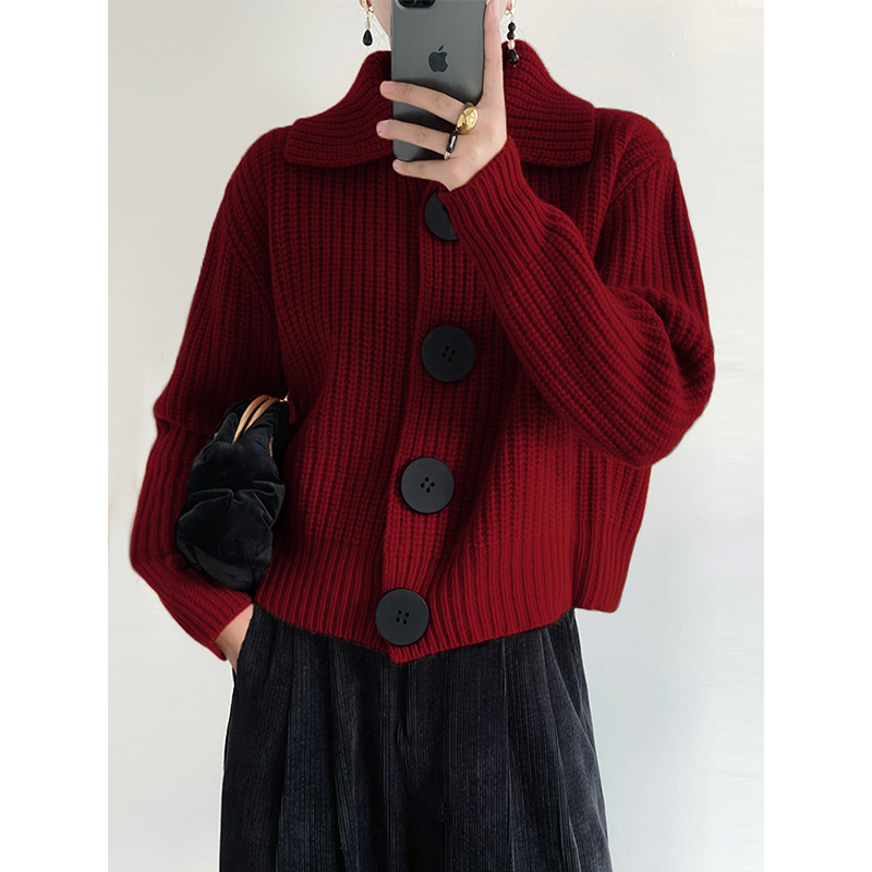 Red Polo Collar Knitted Cardigan for Women, Spring and Autumn Korean Style Loose Sweater Jacket, Short Top, Lazy Style for Autumn and Winter Red Polo Collar Knitted Cardigan for Women, Spring and Autumn Korean Style Loose Sweater Jacket, Short Top, Lazy Style for Autumn and Winter
