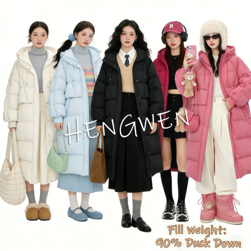 Hengwen Designer's Original Korean-Style Early Spring Drawstring Long Duck down Jacket for Petite Girls 818