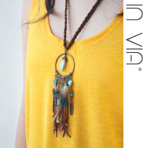 Bohemian hippie Indian jewelry necklace feather tassel long sweater chain invia vintage ethnic
